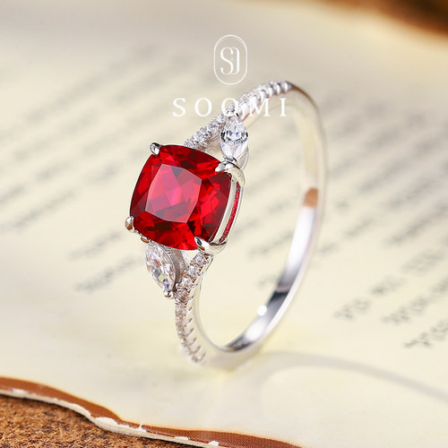 【SOOMI 瑰丽】红宝石戒指2ct培育缅甸鸽血红彩宝女戒925银镀18k