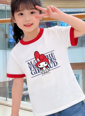 韩国儿童短袖潮牌marithe字母印花拼色t恤夏季亲子装男女童装上衣