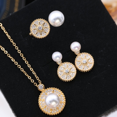 DIY珍珠配件 S925纯银耳钉吊坠戒指三件套装 项链坠子托耳饰6-9mm