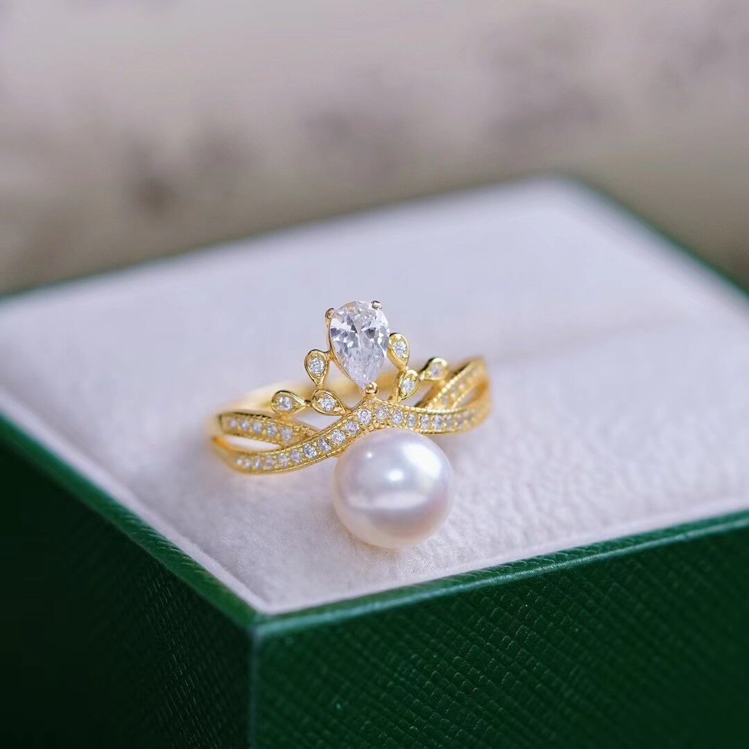 DIY珍珠配件 S925纯银皇冠戒指空托 可调节指环指圈配7-9mm圆扁