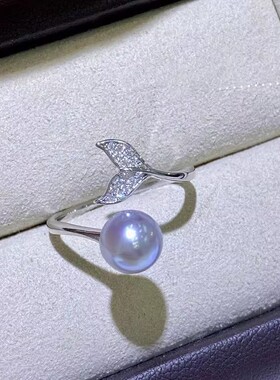 DIY配件 S925纯银鱼尾开口戒指空托 珍珠指环手饰戒圈6-10mm圆扁