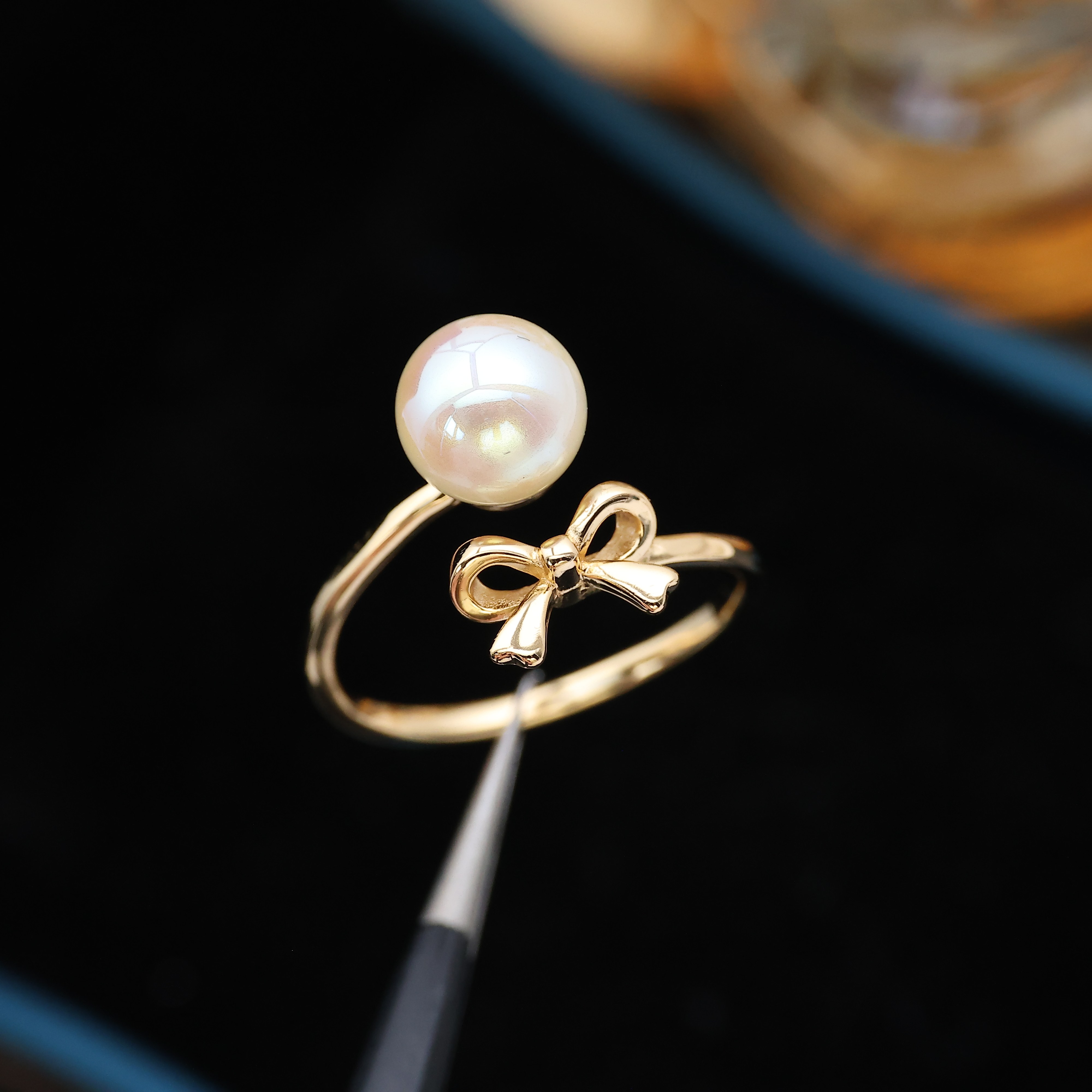 DIY配件 S925纯银光面蝴蝶结戒指空托 珍珠指环手饰戒圈6-8mm圆扁