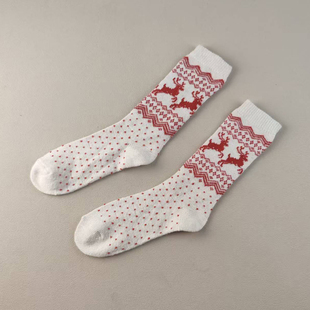 外贸库存女士麋鹿中高筒袜子混纺吸汗圣诞波点女袜秋冬款堆堆袜厚