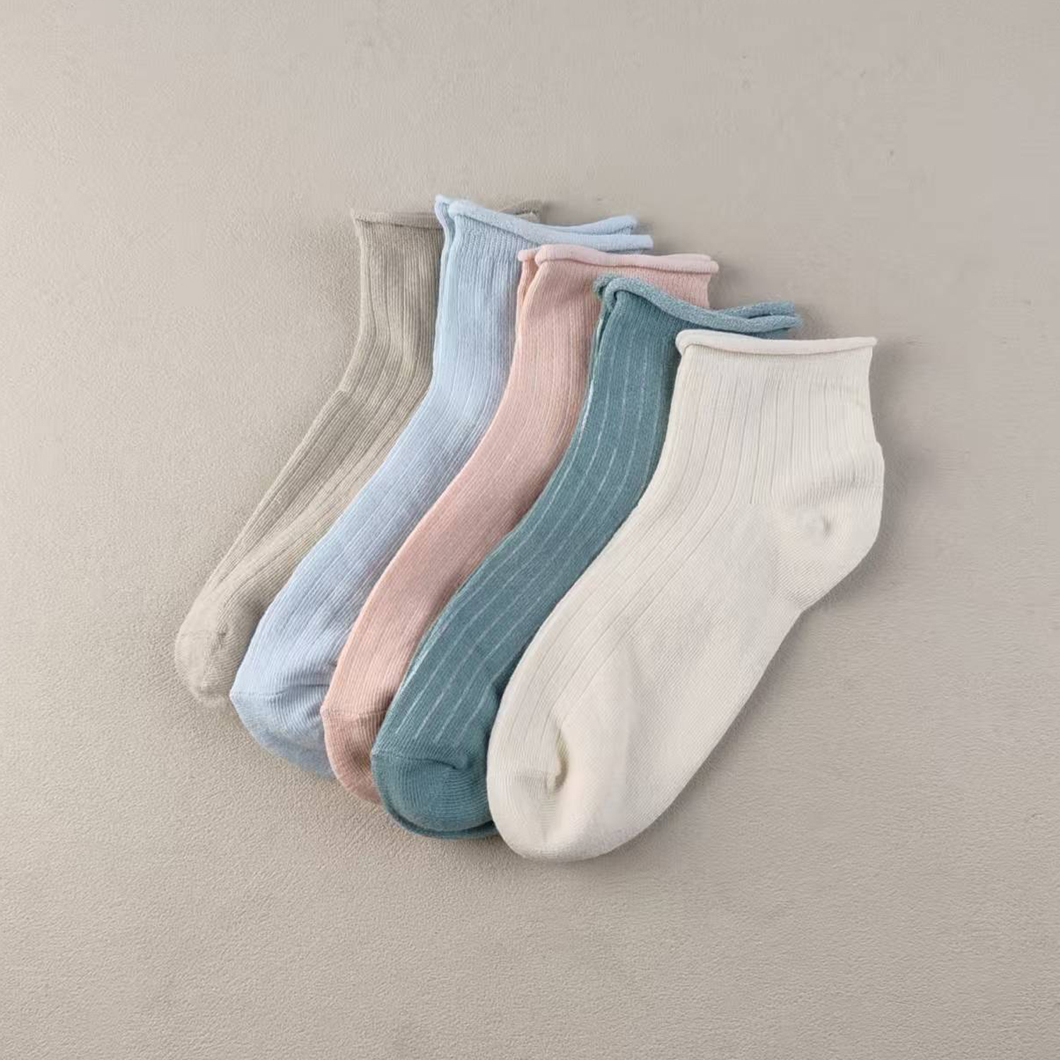 库存尾货松口女士纯色短筒袜四季透气简约百竖条纹女袜纯棉简约女