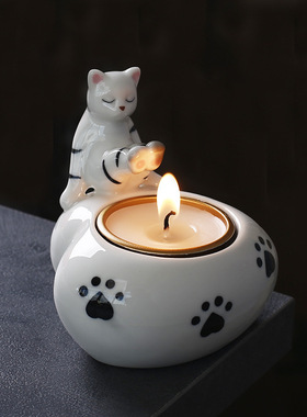 创意香薰蜡烛杯可爱猫咪蜡烛台节日情侣摆件陶瓷烛台（无蜡烛）