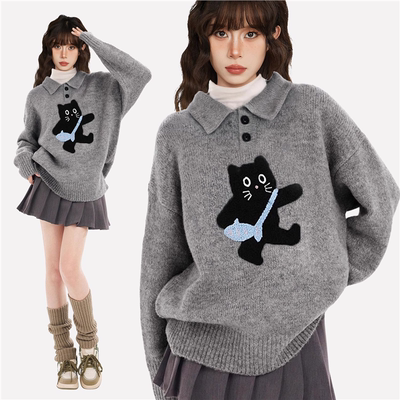 灰色POLO翻领猫咪套头毛衣女秋冬冬季加厚宽松慵懒羊毛针织衫秋季