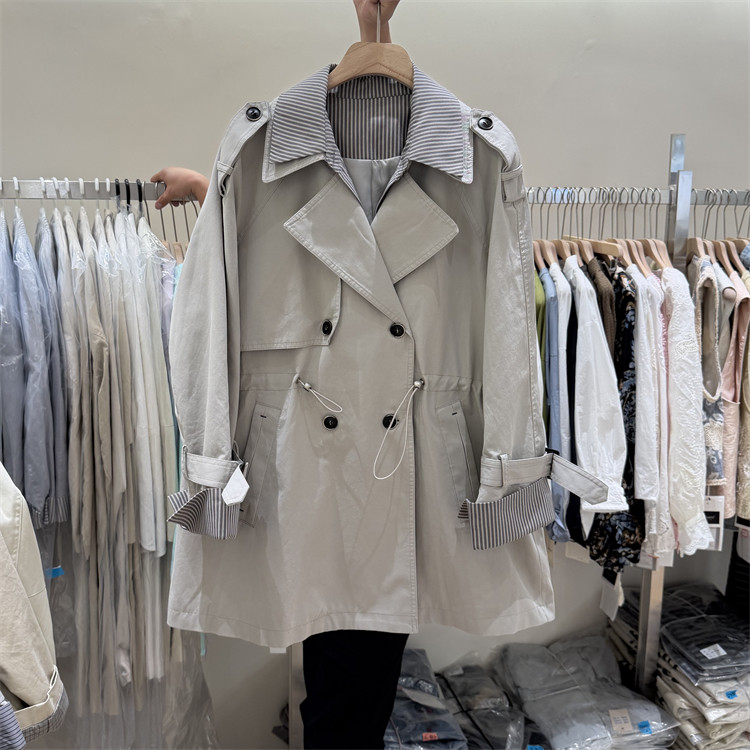 韩国26春装新款条纹接拼袖口抽绳收腰韩版双层西装翻领一手长风衣