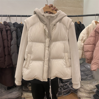 韩国东大门25冬新抽绳帽加厚卫衣+羽绒马甲时尚韩版两件套羽绒服