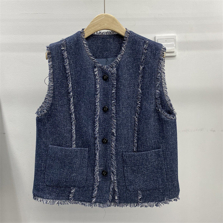 ISPRIN正品25春装新款下摆简约口袋韩版休闲毛边设计感小香风马甲