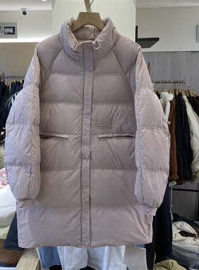 韩国24冬新后背一粒扣隐形拉链口袋时尚韩版立领中长羽绒服18016