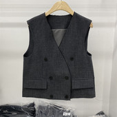 休闲西装 下摆翻盖口袋V领双排扣韩版 马甲坎肩 26春新款 ISPRIN正品