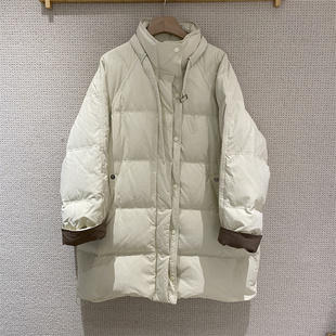 休闲阔版 韩国25冬装 口飘带立领韩版 撞色卷边袖 中长保暖羽绒服 新款