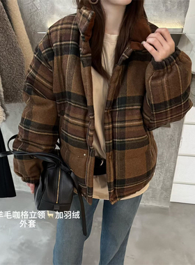 韩国OU.SHAYIL 25冬新袖口调节扣韩版拼色咖格羊毛呢羽绒服X65223