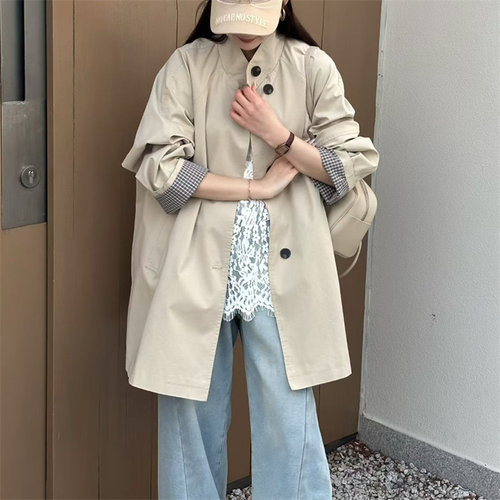 韩国26春装新款后背定标千鸟格卷边袖韩版休闲立领单排扣中长风衣