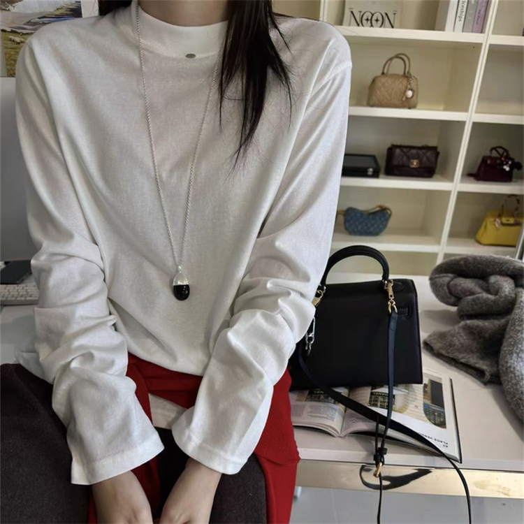 韩国ONE正品25秋装新款领口金属小标韩版中领白色万能百搭长袖T恤