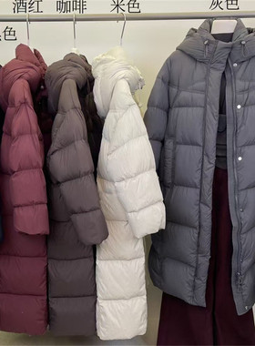 韩国24冬款抽绳连帽时尚韩版简约中长白鸭绒加厚过膝羽绒服18070