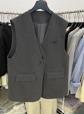 雷洛26春胸前一粒扣韩版V领假两件西装马甲无领坎肩羊毛背心9380