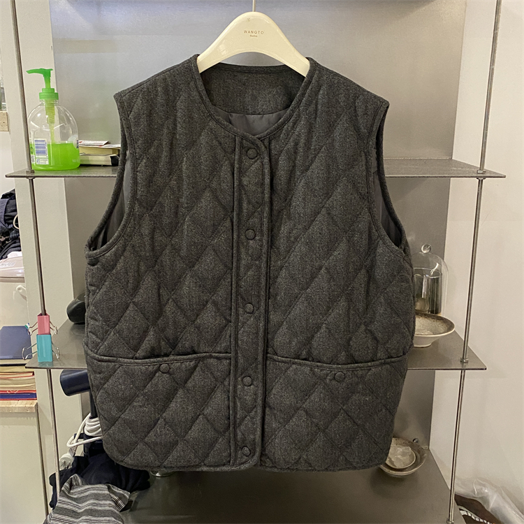 韩国may mkon正品25秋装新款暗扣口袋圆领棱形格压棉羊毛呢料马甲