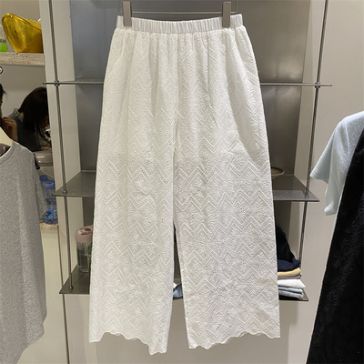 韩国may mkon正品25夏装新款重工蕾丝钩花韩版休闲松紧腰直筒长裤