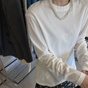 韩国东大门26春装新款褶皱花苞圆领后背一粒贝壳扣韩版纯色内搭T