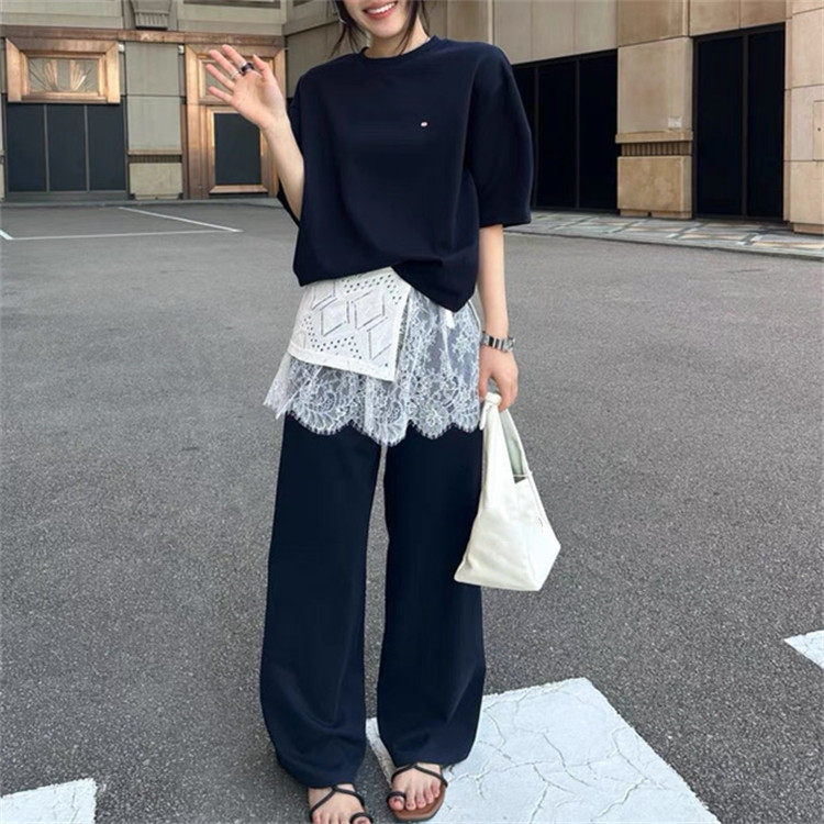 韩国Me Town's正品26春贝壳短袖卫衣+花边阔腿裤时尚韩版蕾丝套装