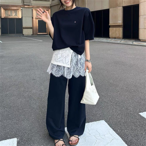 特价Me Town's正品26春贝壳短袖卫衣+花边阔腿裤时尚韩版蕾丝套装