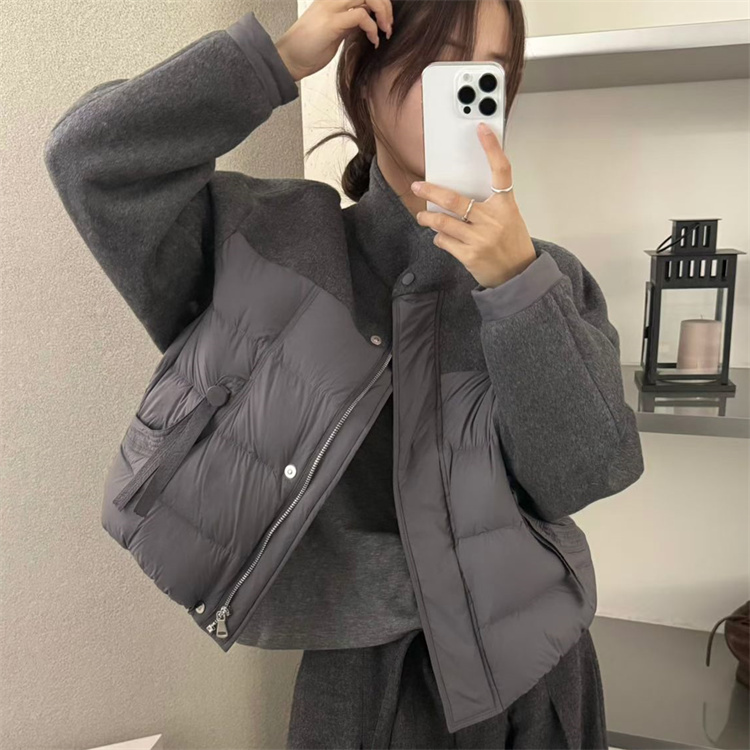 韩国25冬装新口袋飘带设计羊毛呢料接拼韩版立领羽绒服白鸭绒夹克