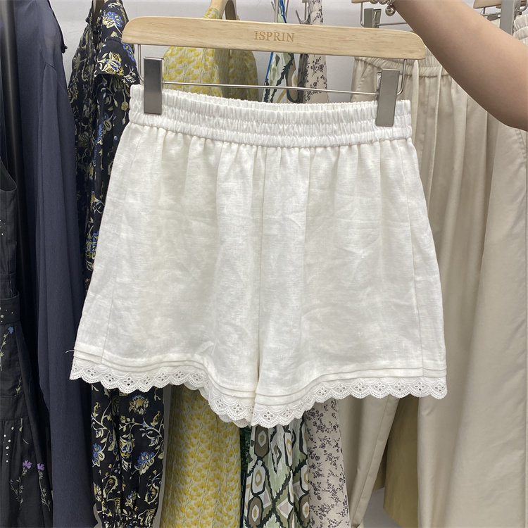 特价ISPRIN正品25夏新镂空刺绣花边裤脚韩版麻料休闲裤松紧腰短裤