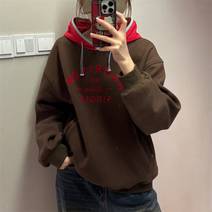 韩国东大门25秋冬新字母印花图案撞色抽绳帽韩版 加绒宽松休闲卫衣