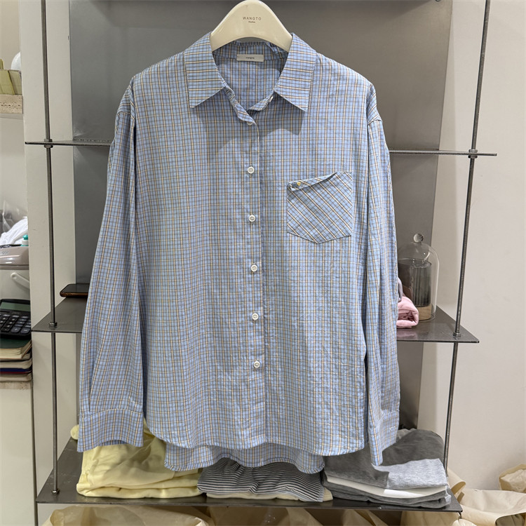 韩国W.T正品26春新款胸前翻边口袋韩版拼色细格子单排扣纯棉衬衫