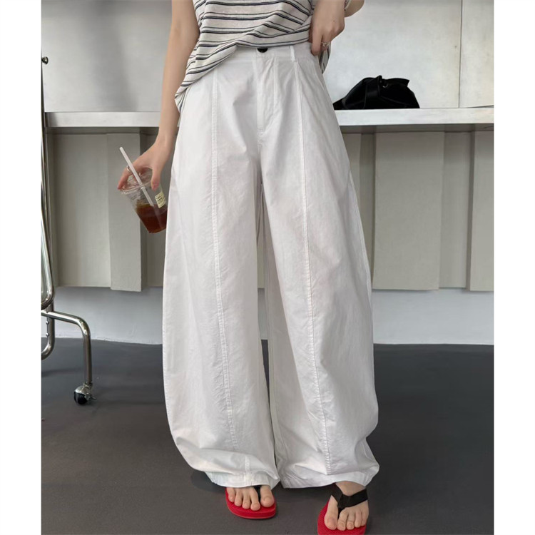 QIANBEISI正品26夏装新款松紧腰围一粒扣韩版休闲阔腿裤弯刀长裤