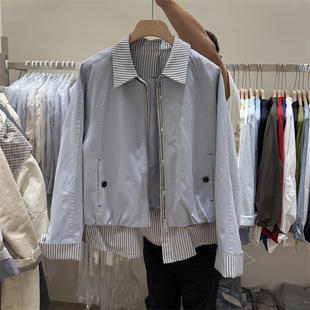 韩国条纹衬衫布料接拼夹克26春新款POLO领韩版休闲假两件宽松外套