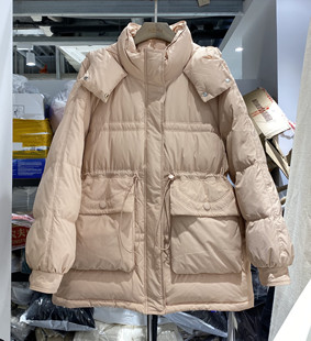 HANSUOHUIHUI24冬装翻盖大口袋抽绳收腰韩版休闲加厚连帽羽绒服女