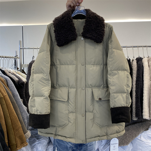 韩国25冬装新款脱卸羊羔毛毛方领大口袋韩版休闲后背一粒扣羽绒服
