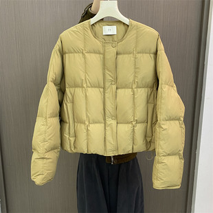 韩国XW昕闻25冬装 下摆抽绳圆领纯色方块格休闲羽绒服90绒外套 新款