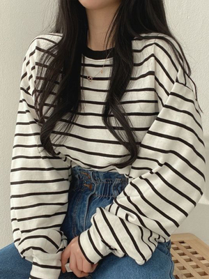 Striped Crewneck Loose Long Sleeve T-Shirt条纹圆领宽松长袖女