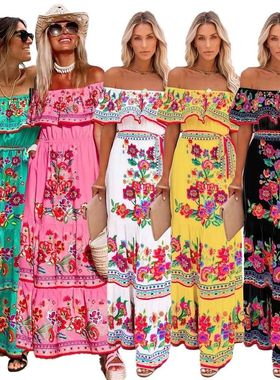 One shoulder printed large swing dress一字肩印花大摆连衣长裙