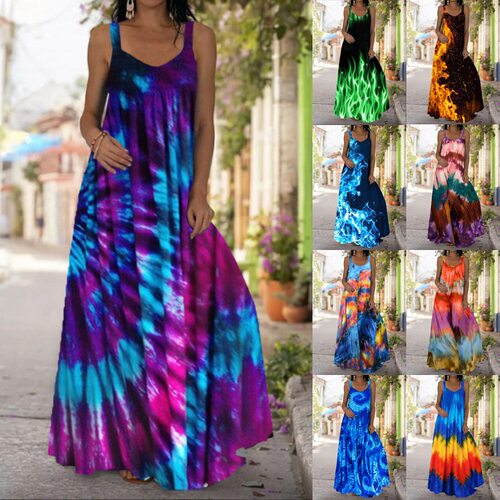 Tie-dye print slip-on off-the-shoulder dress扎染吊带露肩长裙