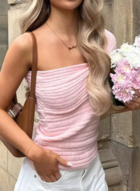 Solid color sloping shoulder strapless top女纯色斜肩抹胸上衣