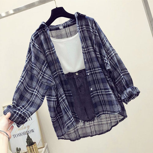 Loose casual lapel plaid thin shirt 宽松休闲翻领格子薄衬衫女
