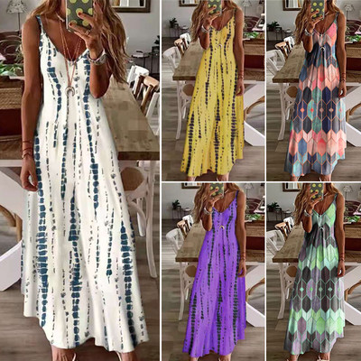 Tie-dye print slouchy maxi dress扎染印花大摆休闲吊带连衣长裙