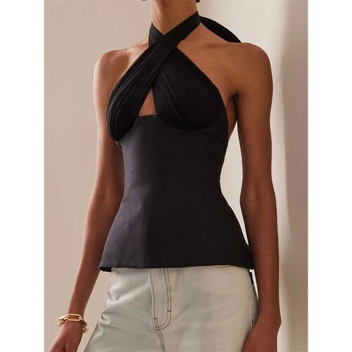 Solid color neck tie hollow top women 挂脖系带露背镂空上衣女