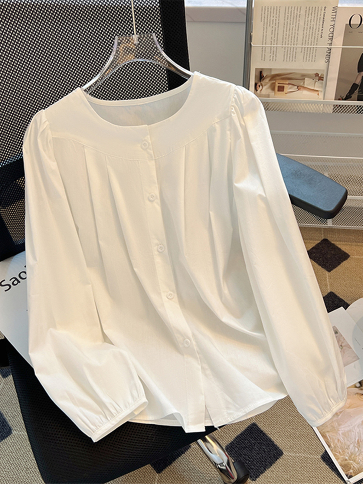 CLEARANCE AND LEAKAGE WITHDRAW FOREIGN TRADE SPRING AND AUTUMN ROUND NECK PLEATED LONG-SLEEVED COTTON SHIRT WOMENS LOOSE AND VERSATILE UNDERSHIRT TOP
