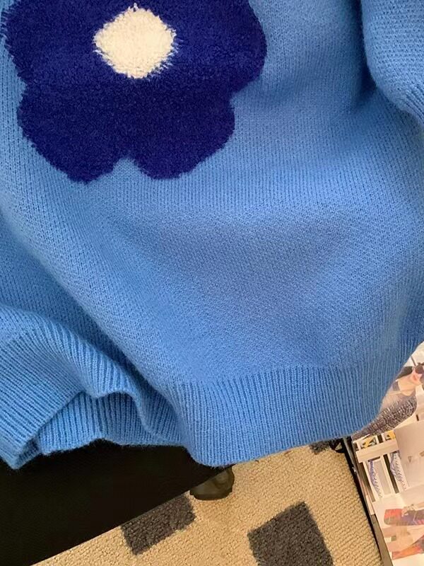 CLEARANCE LEAKAGE BLUE FLOWER PUFF SLEEVE SWEATER WOMENS NEW SUMMER SHORT-SLEEVED KNITWEAR AGE REDUCTION TOP