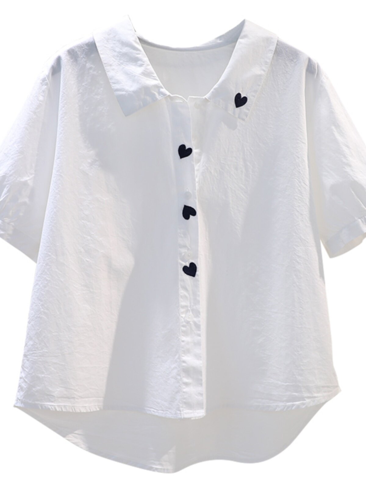 CLEARANCE LEAKAGE COUNTER WITHDRAWAL FOREIGN TRADE SUMMER LAPEL LOVE EMBROIDERY WHITE COTTON SHORT-SLEEVED SHIRT TOP WOMEN