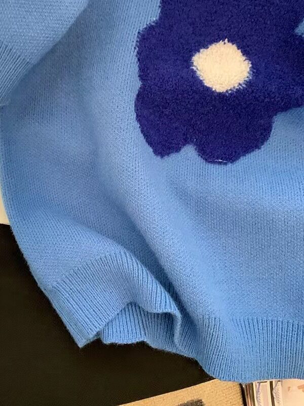 CLEARANCE LEAKAGE BLUE FLOWER PUFF SLEEVE SWEATER WOMENS NEW SUMMER SHORT-SLEEVED KNITWEAR AGE REDUCTION TOP