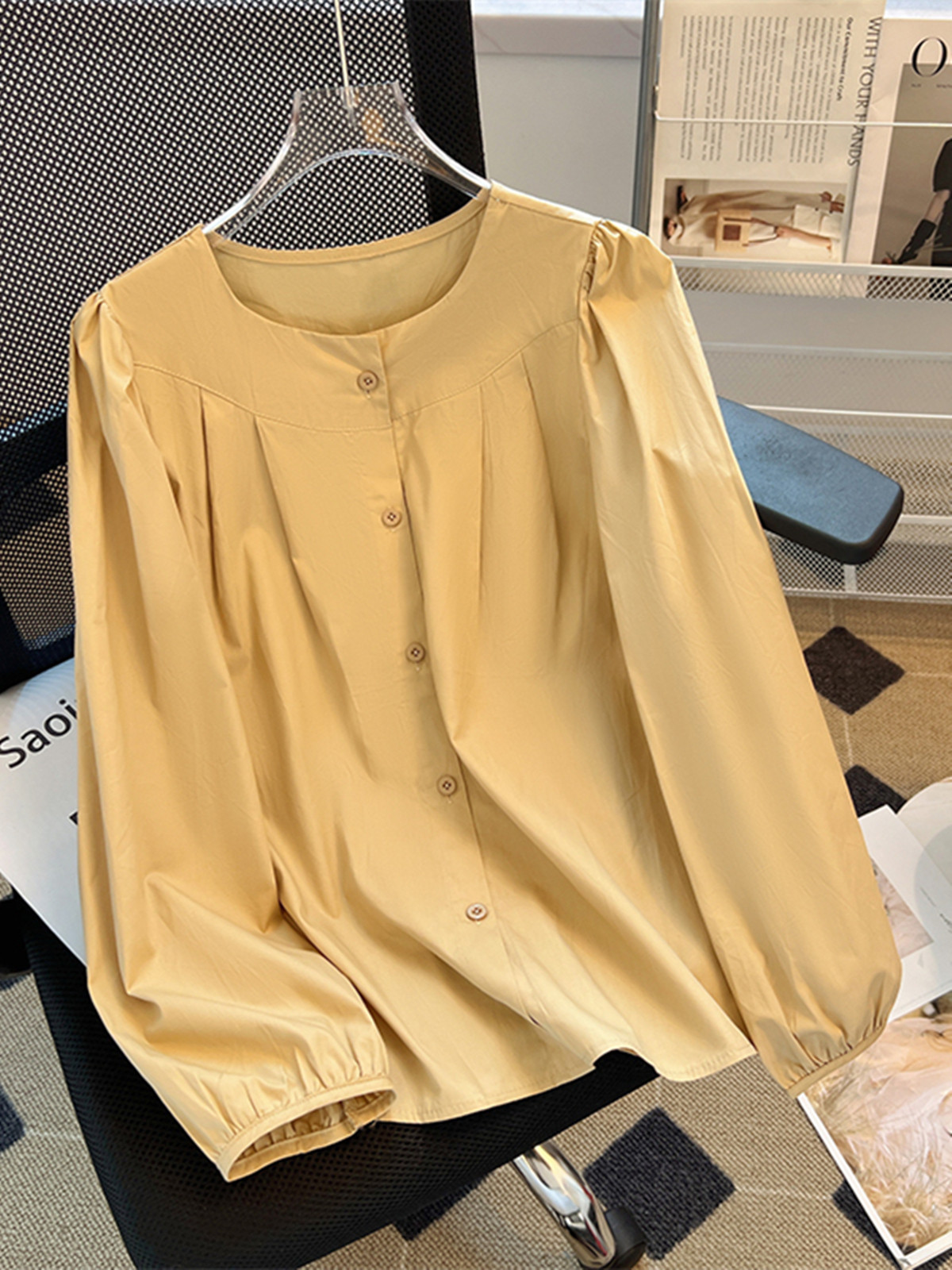 CLEARANCE AND LEAKAGE WITHDRAW FOREIGN TRADE SPRING AND AUTUMN ROUND NECK PLEATED LONG-SLEEVED COTTON SHIRT WOMENS LOOSE AND VERSATILE UNDERSHIRT TOP