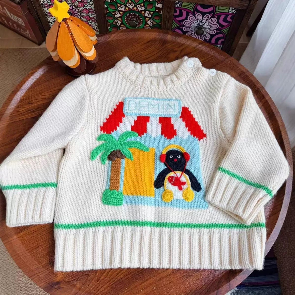 日系潮牌DD秋冬新款男女儿童卡通企鹅刺绣针织衫手工钩花毛衣