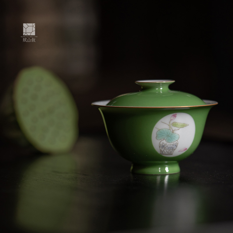 小白茶具//赋山堂翠微夏荷小品盖碗景德镇手绘粉彩功夫岩茶泡茶器