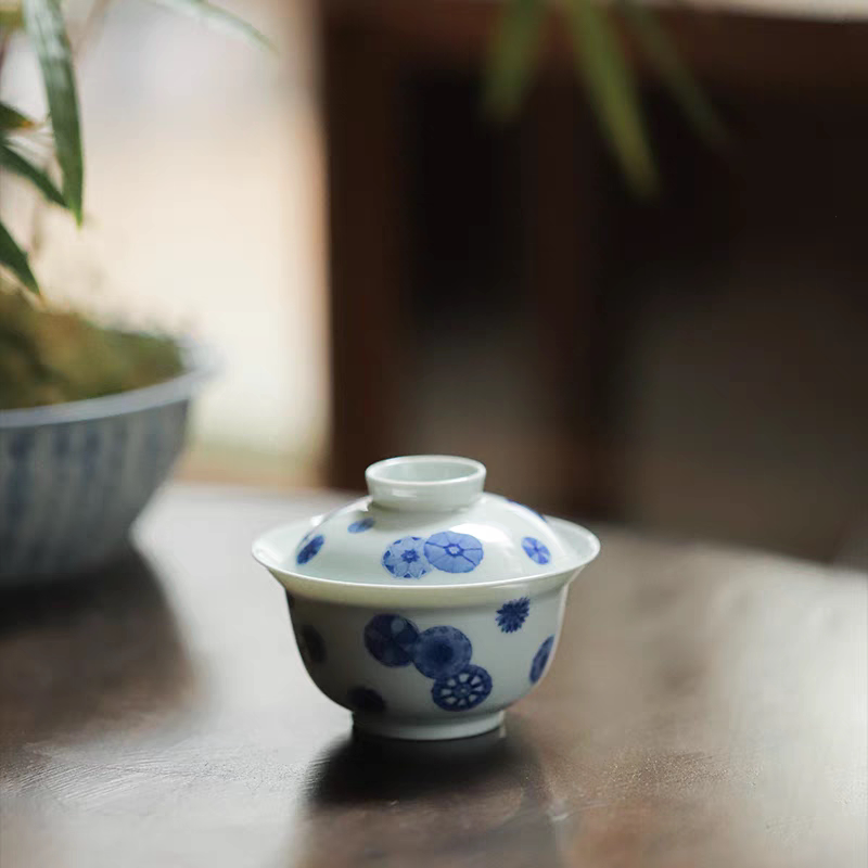 小白茶具//忘言造物青花皮球花折沿茶碗景德镇手工手绘盖碗泡茶器